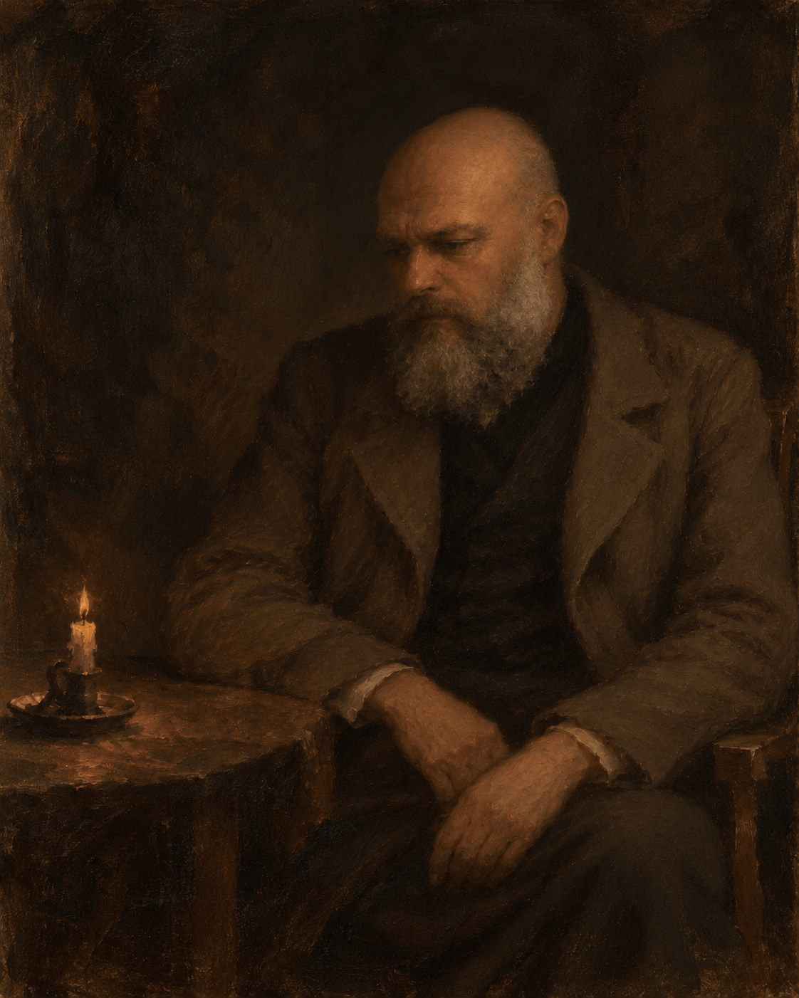 Oil portrait of Mac seated beside a candlelit table, his hands resting in his lap.