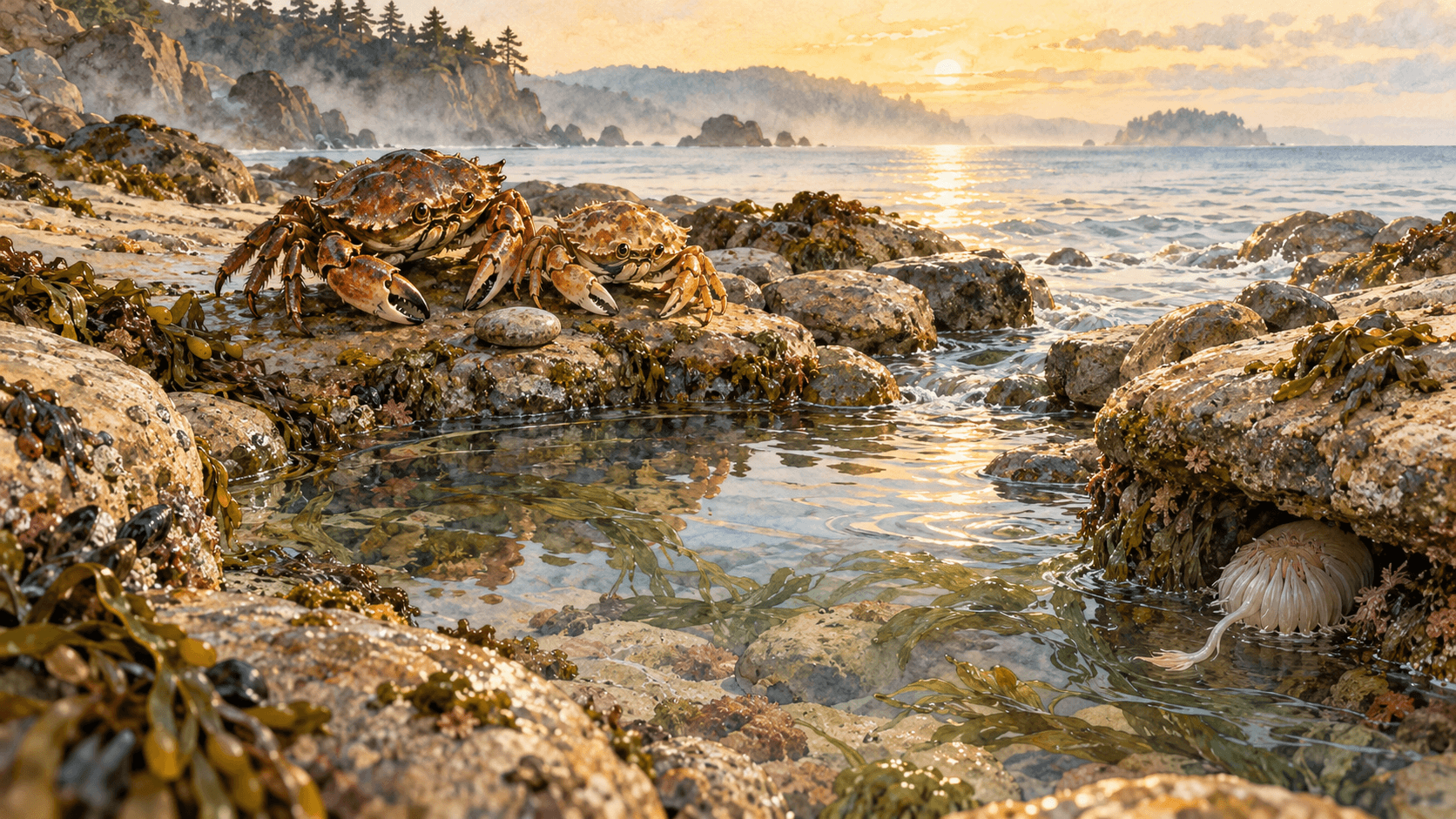 Two shore crabs beside a rocky tide pool at dawn, with a white anemone beneath a ledge.