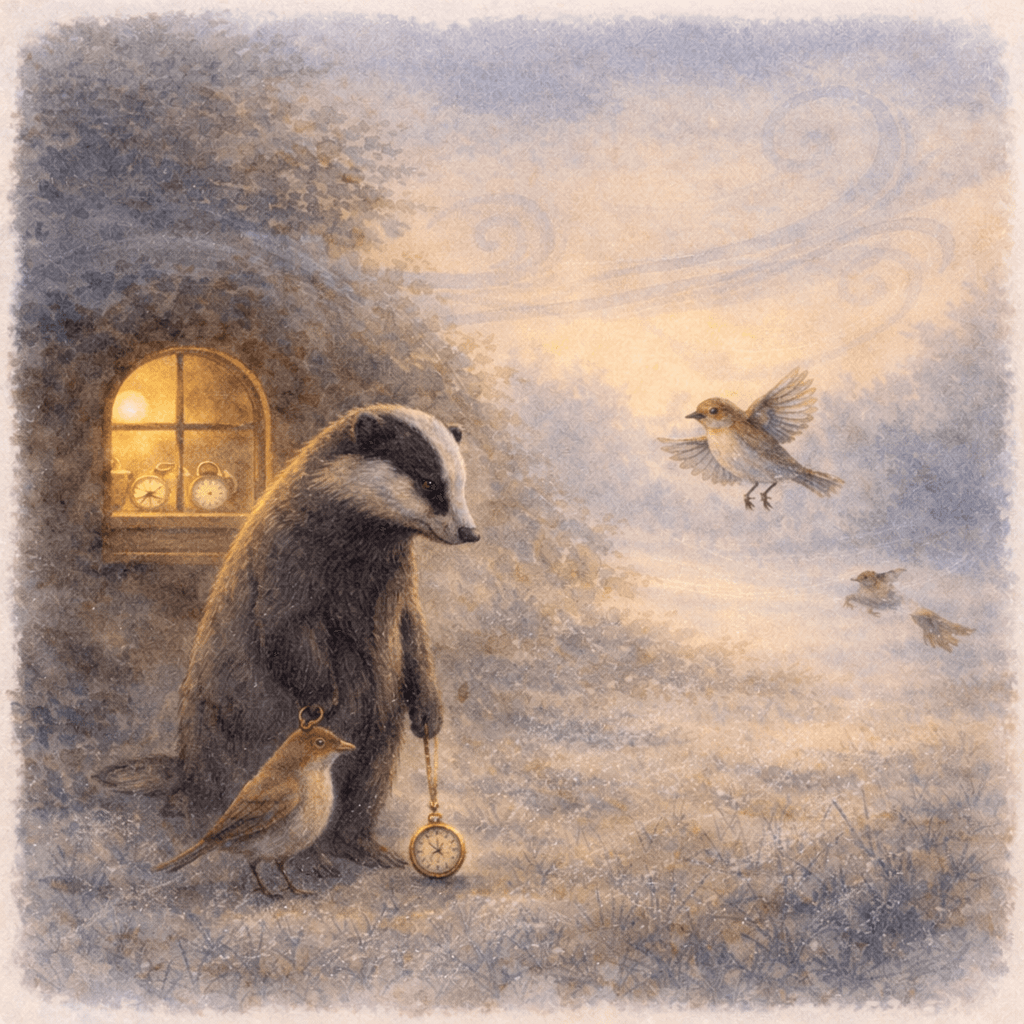 A pocket watch in frost beside a small bird; lamplight in a winter burrow